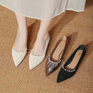 Zapatos de Tacón Bajo con Punta en Pico para Mujer, de Cuero Genuino, con Decoración de Perlas, Estilo Mary Jane, Cómodos, Formales, para Todas las Temporadas - Product Image 5