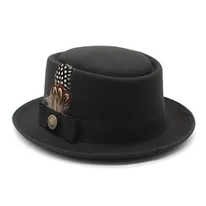 G205002 Chapeaux Pork <span class=keywords><strong>Pie</strong></span> et Fedora en feutre <span class=keywords><strong>de</strong></span> laine pliable pour hommes et femmes avec <span class=keywords><strong>plume</strong></span>, et chapeau melon en feutre <span class=keywords><strong>de</strong></span> laine avec <span class=keywords><strong>plume</strong></span> - Product Image 3