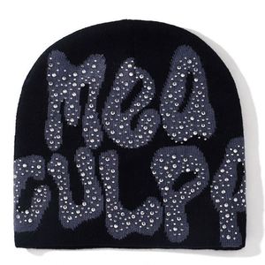 Wholesale in Stock Unisex Winter <b>Hat</b> 100% Acrylic Knitted Jacquard Mea Culpa Rhinestones Beanies - Product Image 3