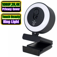 Webcam USB à mise au point automatique avec anneau lumineux tactile, caméra d'ordinateur HD 1080P/2K/4K avec micro et cache de confidentialité pour appels vidéo sur PC et ordinateur portable