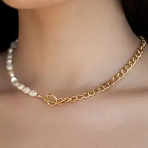 Zooying Fashion high quality metal 18K gold-plated Cuban link jewelry freshwater pearl collar necklace sexy clavicle chain