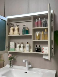 Multi-space storage mirror cabinet with top <b>LED</b> single-color <b>light</b> strip tissue paper hole white washbasin - Product Image 3