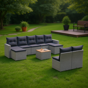 Ensemble de canapés de jardin en rotin gris modulaire, mobilier d'extérieur, 6 places, design contemporain - Product Image 2