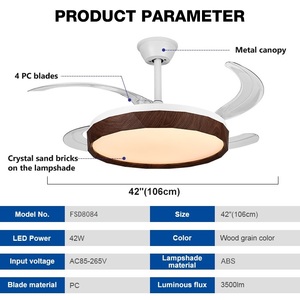 Ventilatore da Soffitto Professionale Moderno per Interni con Luce <span class=keywords><strong>LED</strong></span> Invisibile Retrattile, 42 Pollici, 4 Pale in ABS, con Telecomando - Product Image 2
