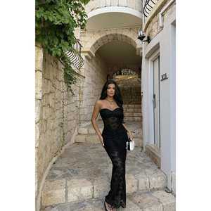 Robe en dentelle noire Ophelia, style de fête de luxe, XS-XL, sans bretelles, taille empire, robe de bal trapèze avec fleurs brodées - Product Image 6