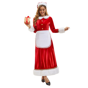 Disfraz de Sirvienta Navideña para Mujer, Vestido Rojo de Terciopelo con Delantal y Sombrero, Traje para Fiesta Navideña, Disfraz para Actuación - Product Image 3