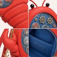 Sac à dos Ita personnalisé en forme de homard corail, en cuir PU texturé rouge, avec fenêtre de présentation ovale transparente, yeux de tige et queue segmentée, style Kawaii