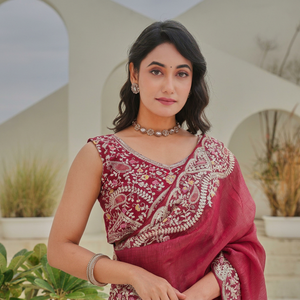 Wine <b>Red</b> Organza <b>Saree</b> Heavy Cutwork Embroidered Border Indian Ethnic Party Wear Sarees Bulk Supply - Product Image 3