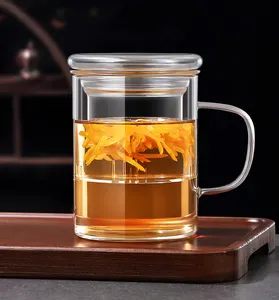 Taza de leche de vidrio de borosilicato transparente resistente al calor de 350ml, taza de té de flores con tapa y Asa de colador