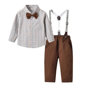 Vente en gros Tendance Printemps Automne <span class=keywords><strong>Chemise</strong></span> à carreaux en coton à manches longues Pantalon à bretelles avec nœud papillon Costume de garçon Gentleman - Product Image 3