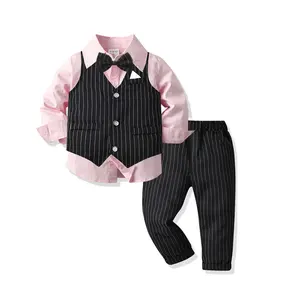 Kid Boy Bow Clothes Vest Shirt Suits Striped Boy Outfits Children Outerwear Wholesale Children's Gentleman Clothing