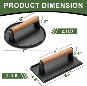 Presse à viande, steak et burger robuste en fonte, écologique et durable, pour gril, presse à bacon avec poignée en bois pour barbecue extérieur - Product Image 2