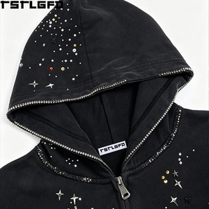 Oem Odm Starry Night Zip Hoodie Men Black Colorful Rhinestone <b>Star</b> Print Y2K Streetwear Wholesale - Product Image 4