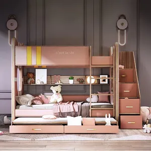 라이트 럭셔리 어린이 침대 핑크 napa 가죽 상단 및 하단 이층 침대 현대 간단한 단단한 나무 이층 침대