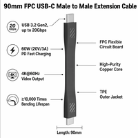 Câble d'extension USB-C flexible en TPE pour vente en gros, 115 mm, court, transfert de données 20 Gbit/s, charge 100 W, vidéo 4K, alimentation usine pour ordinateur portable et SSD