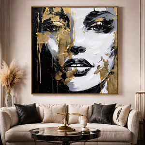 Peintures murales modernes faites à la main en noir et or, représentant des femmes, sur toile écologique, décoration intérieure, design de visage personnalisé - Product Image 1
