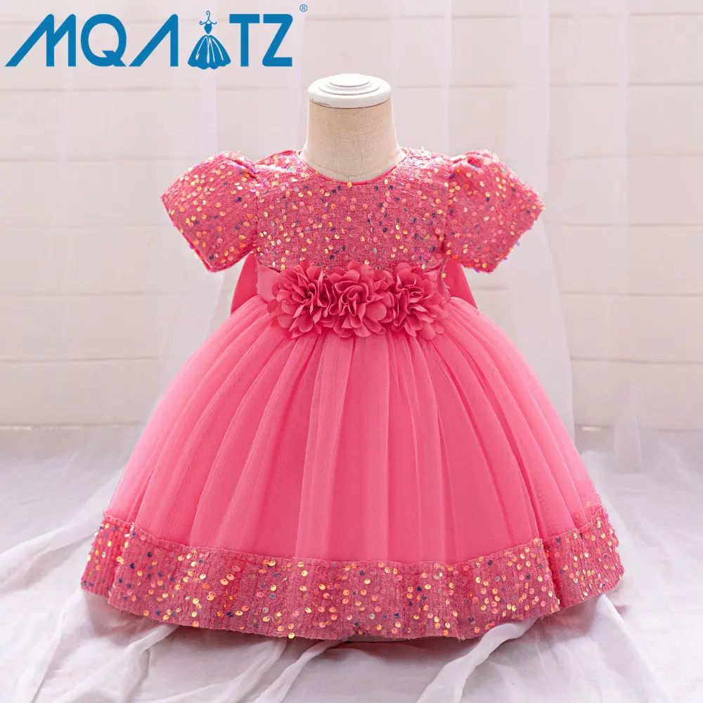 فساتين للأطفال من MQATZ فستان عيد ميلاد مقوس بشكل كبير ومزين بزهور ثلاثية الأبعاد للأطفال والفتيات فستان أميرة زفاف لامع N2116