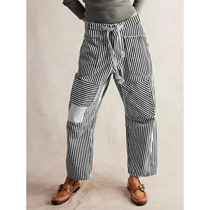 Pantalones de Algodón para Mujer, Estilo Europeo Americano, Cintura Media, Holgados, de Pierna Ancha, con Costuras a Rayas, Bolsillos con Cordón, Diseño Moderno - Product Image 3