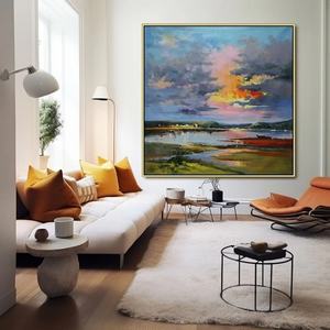 Peinture murale contemporaine texturée, paysage carré abstrait, peinture à l'huile fantastique sur toile pour la maison et la galerie - Product Image 1