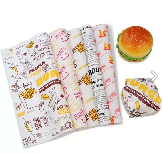 Papel de embrulho de manteiga biodegradável à prova de graxa para embalagem de hambúrgueres com logotipo de impressão personalizada para embalagem de alimentos Papel de sanduíche de cera