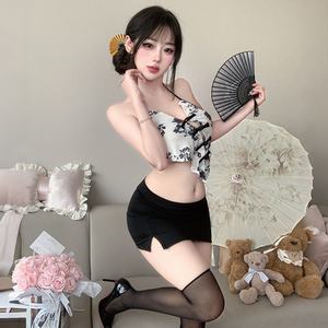 Ensemble Doudou style chinois à imprimé encre, en tulle transparent, lingerie érotique sexy, jupe enveloppante, costume - Product Image 4