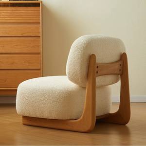 Solid Wood Lamb Wool Single <b>Sofa</b> Chair With Backrest Living Room Floor Standing Designer Chair - Product Image 3
