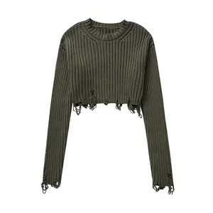 KAOPU ZA Women cropped sweater with a round neck and long sleeves women's retro ribbed trims pullovers sweater