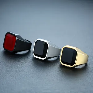 High Quality Black Big Stone Men&#39;s Ring High Polished Stainless Steel Men&#39;s Jewelry Silver Color Charm Ring Men