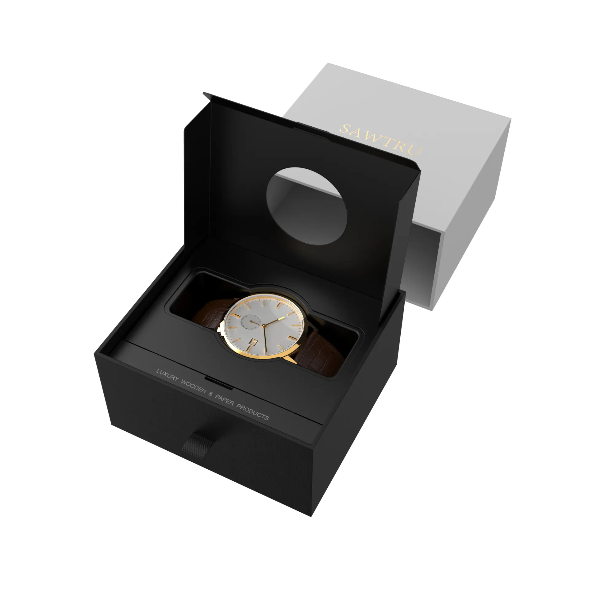 Sawtru High Quality Black Cardboard Paper Gift Packaging Custom Square Empty Smart Men Watch Box Luxury