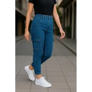 Jeans Cargo da Donna Adrenaline Blu a Vita Alta in Denim Elasticizzato Traspirante Stile Semplice - Product Image 3
