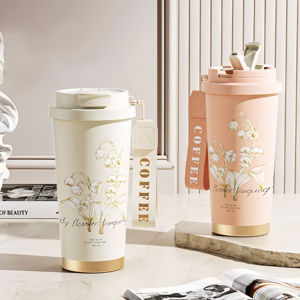 Vaso Térmico Personalizado de Acero Inoxidable de 16 oz con Correa Portátil, Diseño Lirio de los Valles, para Oficina y Mujeres - Product Image 1