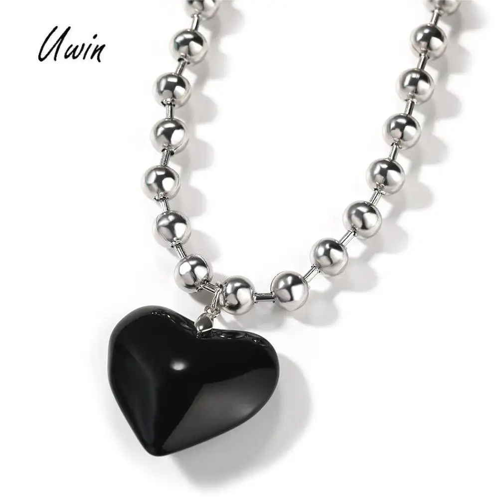 Hiphop 8mm hitam Persik rantai hati manik-manik rantai berbentuk hati Choker kalung perhiasan wanita