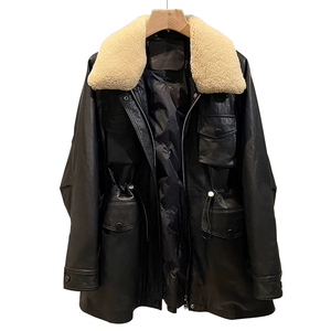 Weshallo Manteau d'hiver en cuir de mouton véritable chaud pour femmes Veste <span class=keywords><strong>mi</strong></span>-<span class=keywords><strong>longue</strong></span> en cuir de duvet d'oie avec col en fourrure de laine - Product Image 5