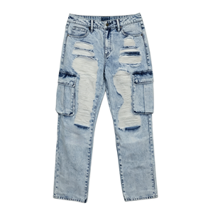Jean droit taille mi-haute style punk vintage cool avec plusieurs poches cargo et décorations déchirées pour un look streetwear décontracté - Product Image 3