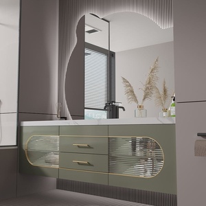 Tủ phòng tắm bằng gỗ rắn tối giản hiện đại với Bộ Gương thông minh, kết hợp với mặt bàn đá granit và chậu rửa tích hợp - Product Image 3