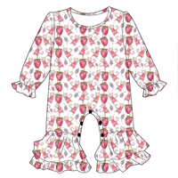 Romper Bayi Perempuan Serat Bambu Premium Lengan Panjang Motif Bintang Pita di Seluruh Badan Hiasan Ruffle Kancing Selangkangan Desain Khusus Pakaian Bayi