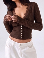 Cardigan en dentelle pour femme, tricoté, élégant, style coréen, coupe ajustée, décontracté, automne, rétro, patchwork, col en V, crop top
