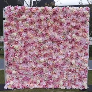 Panneau mural en soie 3D pour décoration de mariage Roll Up Rose Hortensia Pivoine Fleur artificielle Panneau mural de 8 pieds x 8 pieds