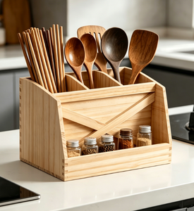 Organisateur de cuisine multifonctionnel en bois sur pied pour comptoir ; Rangement pour ustensiles de cuisine, vaisselle et couverts - Product Image 1