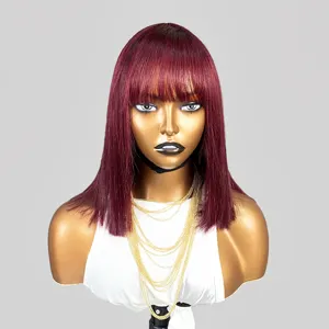 Full machine made wig with Clip in Hair Fringe #99j Red wine bone straight 100% human hair wigs