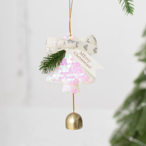 Pendentif cloche arbre de Noël rose dégradé perlé