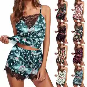 Damen 2 Stück Pyjama weiches Satin Print Top und Shorts Set Spitze sexy Dessous Unterwäsche Nachtwäsche Damen Nachtwäsche