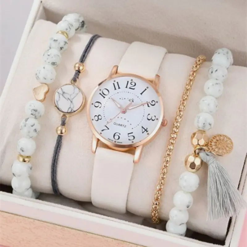 Live new women's Korean version of high-grade quartz watch simple classic leather strap set