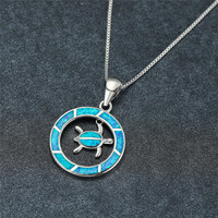 Serie del océano Animal tortuga collar círculo colgante collar Color plata Fuego Azul ópalo moda boda joyería