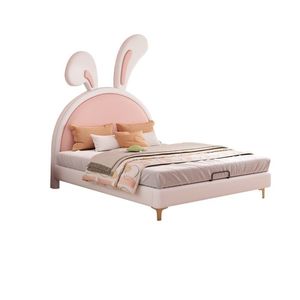 Childrens <b>Bed</b> Pink Bunny Design Solid Wood And Genuine Leather Single <b>Double</b> Size Kids Bedroom Furniture - Product Image 5