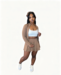 Completo Autunnale Personalizzato Due Pezzi con Gonna da Donna, Giacca con Zip a Tinta Unita e Minigonna a Pieghe, Set Casual Due Pezzi con Gonna Abbigliamento Donna - Product Image 5