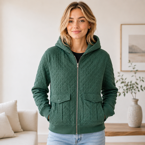Chaqueta con capucha acolchada verde oscuro para mujer OEM, con cremallera, diseño de diamantes personalizado, estilo casual, tipo sudadera. - Product Image 2