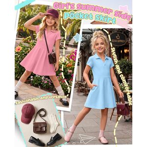 Robe d'uniforme scolaire pour filles, col polo, coupe trapèze, avec poches, en coton, robe décontractée d'été, style skater - Product Image 4