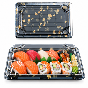 <span class=keywords><strong>Plateau</strong></span> rectangulaire jetable en plastique PS noir et or avec logo personnalisé 250x150mm pour emballage alimentaire de <span class=keywords><strong>sushi</strong></span> – Vente en gros - Product Image 1