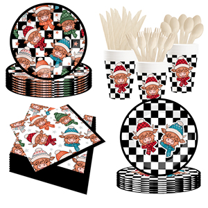 Platos y Vasos Desechables de Papel con Diseño a Cuadros Blancos y Negros de Vaca, Tema de la Amistad, para Fiestas de Cumpleaños, Marca DAMAI - Product Image 4
